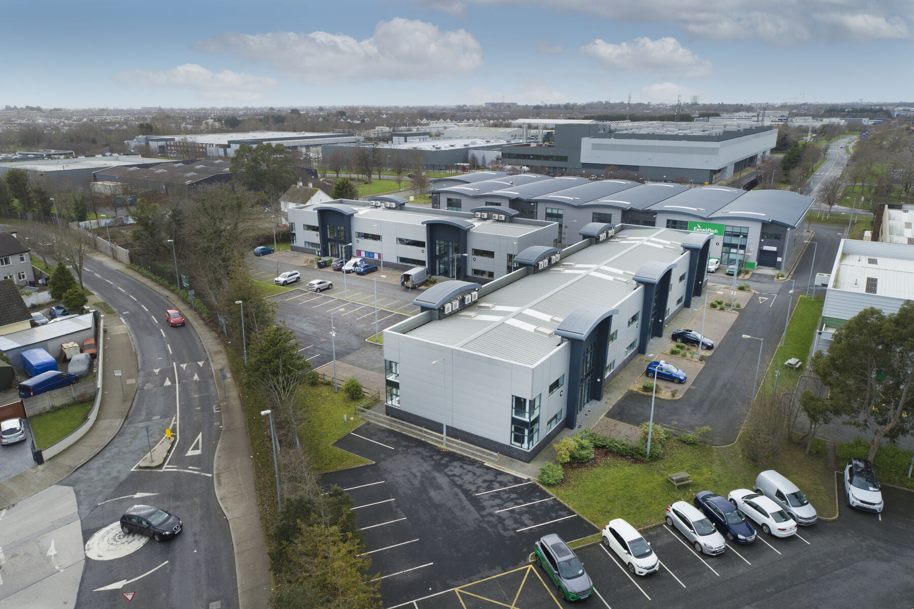 Grattan Business Park, Clonshaugh: aerial view of the three blocks and their yards