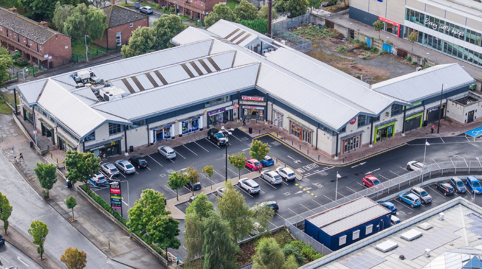 Maple Centre, Cabra: the retail parade and car park from the air
